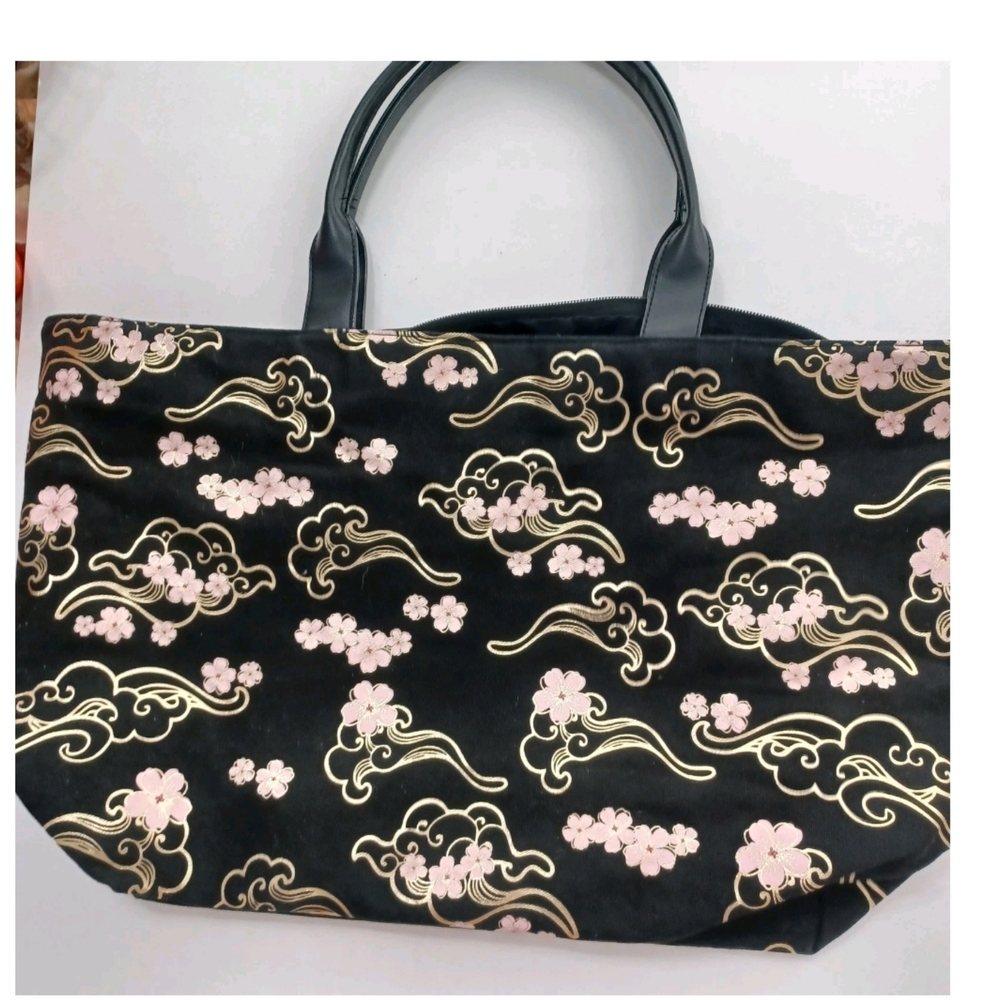 Victoria's Secret Black Tote with Gold and Pink Floral Design